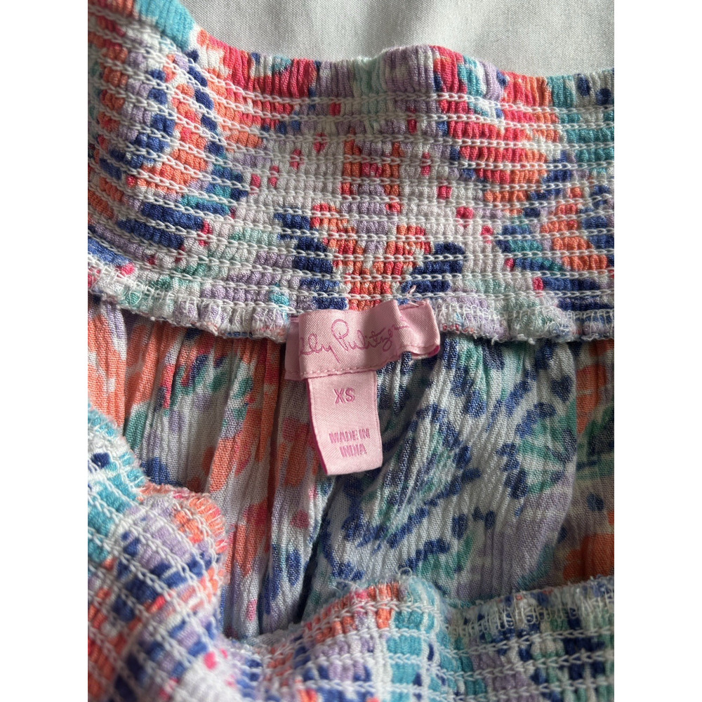 Lilly Pulitzer Off Shoulder Smocked Tasseled Mini Dress Womens Size XS Pink Blue - Picture 3 of 8
